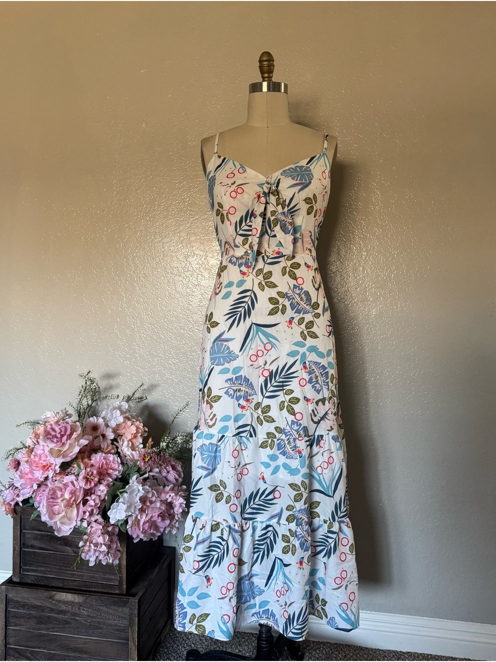 Sleeveless White Floral Maxi Dress with Blue & Green Leaf Print